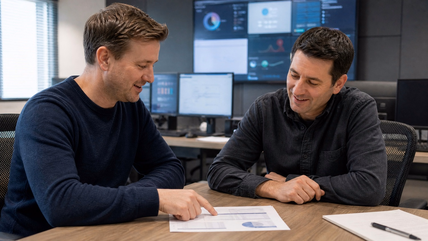 Men review BYOD compliance report at meeting table