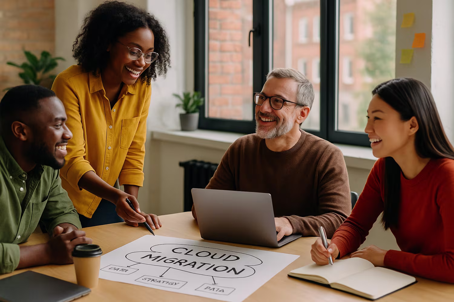 Diverse team discussing cloud migration benefits