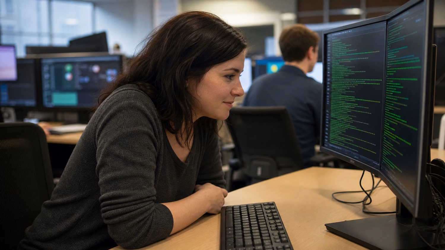 Cybersecurity analyst scrutinizing terminal output on monitor 70