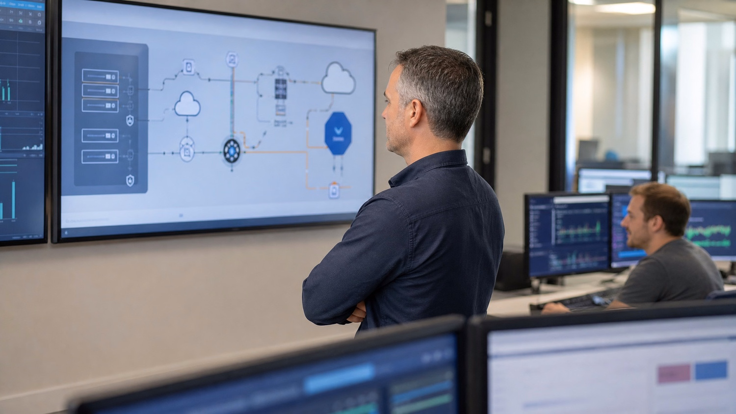 Man reviews hybrid cloud network diagram on wall display 60 chars