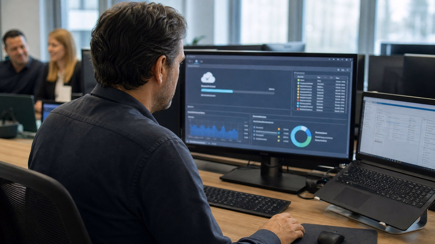 Man reviews cloud storage dashboard, data transfer progress