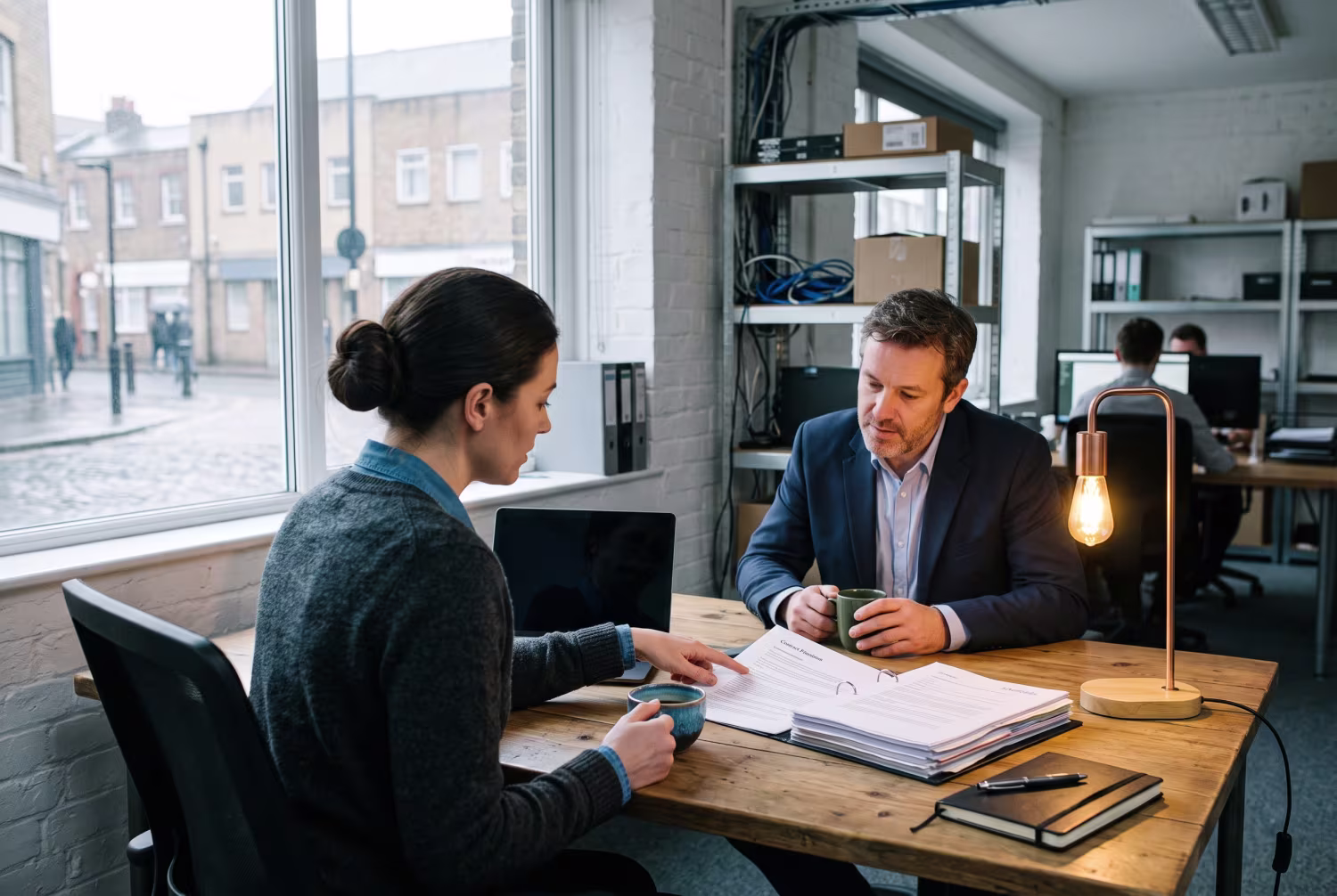 Advisor reviewing contract in IT support finance firm