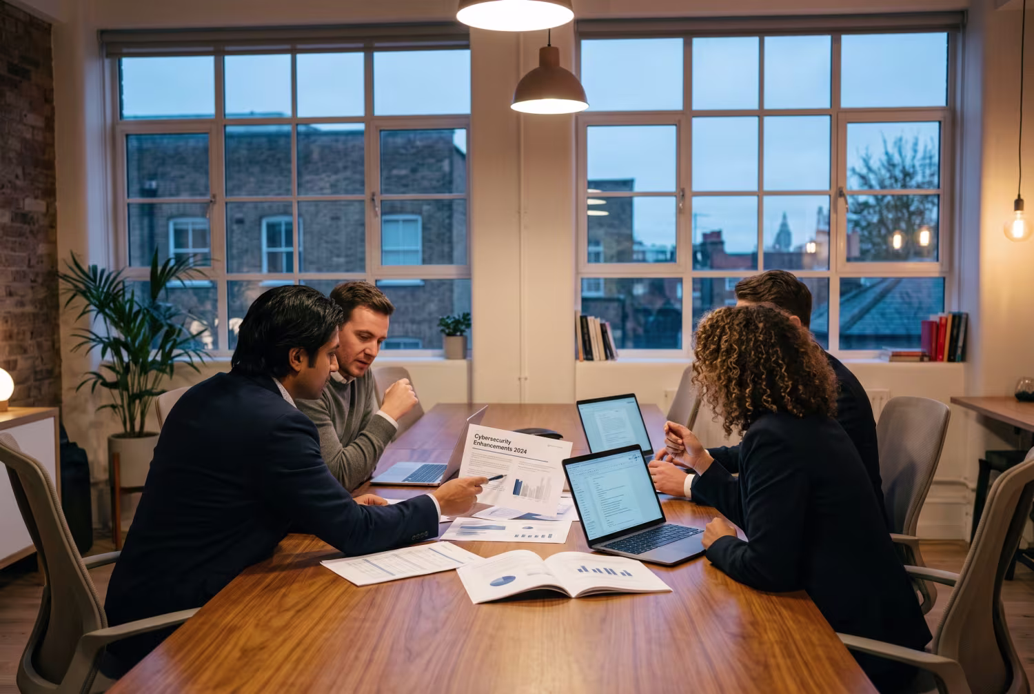 Business professionals discussing cybersecurity insurance in London office