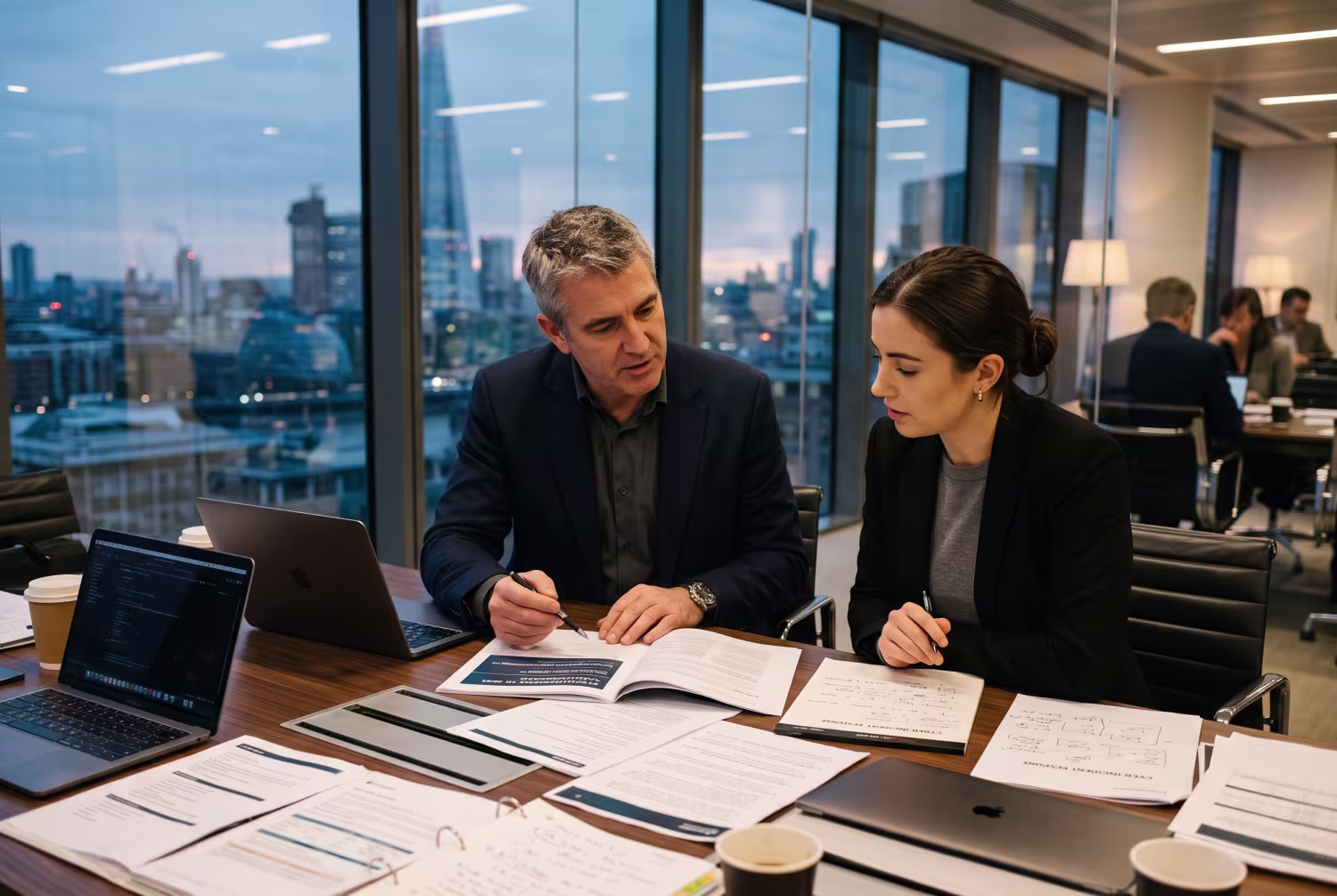 Business professionals discussing cybersecurity insurance in modern office