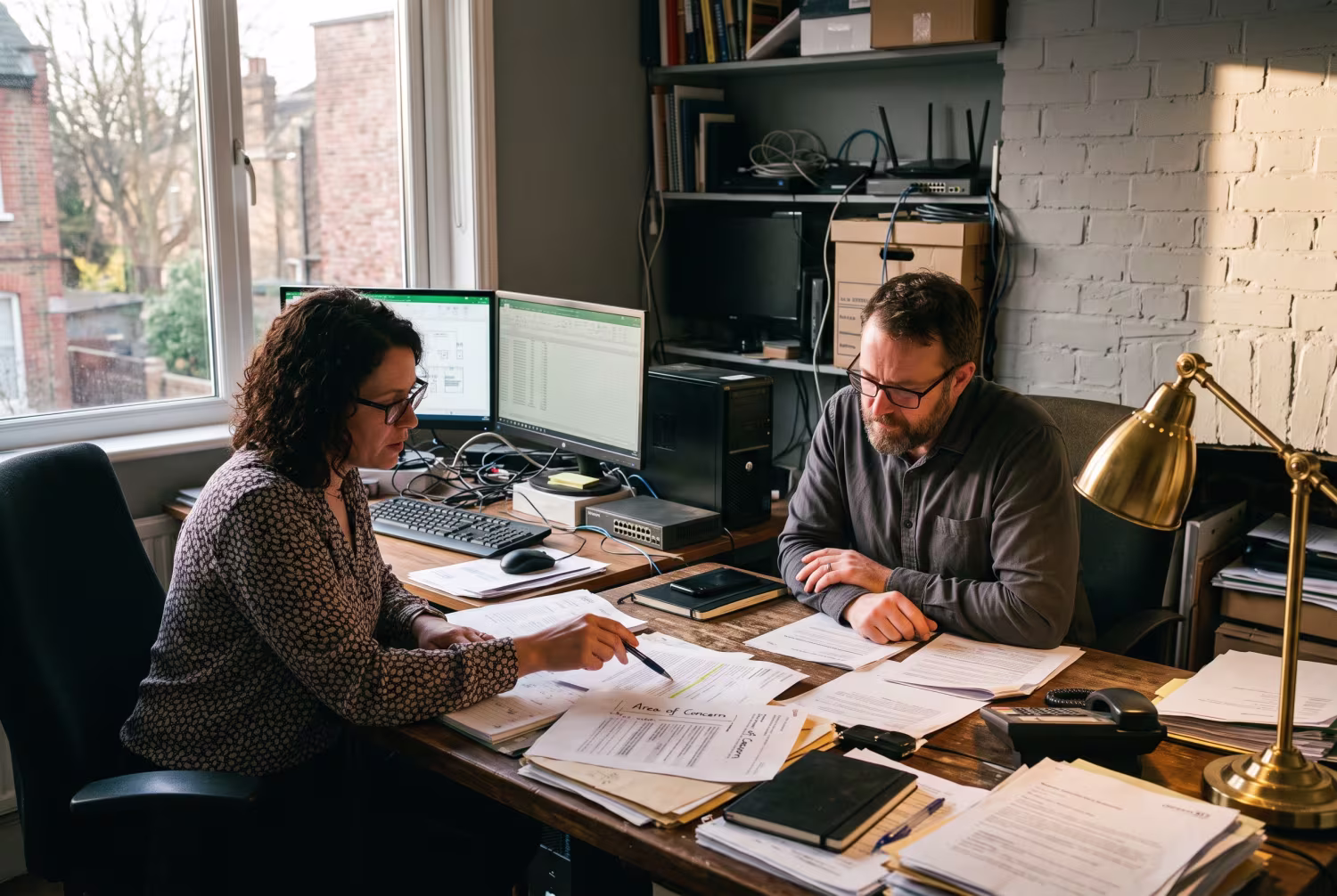Two professionals examining business IT solutions in cluttered office