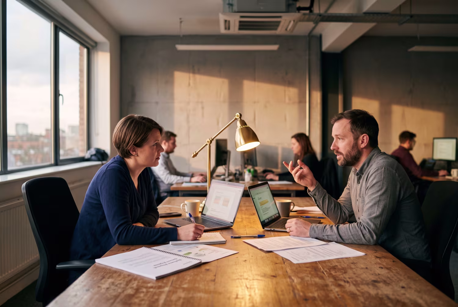 Two IT consultants discussing business IT solutions at office table