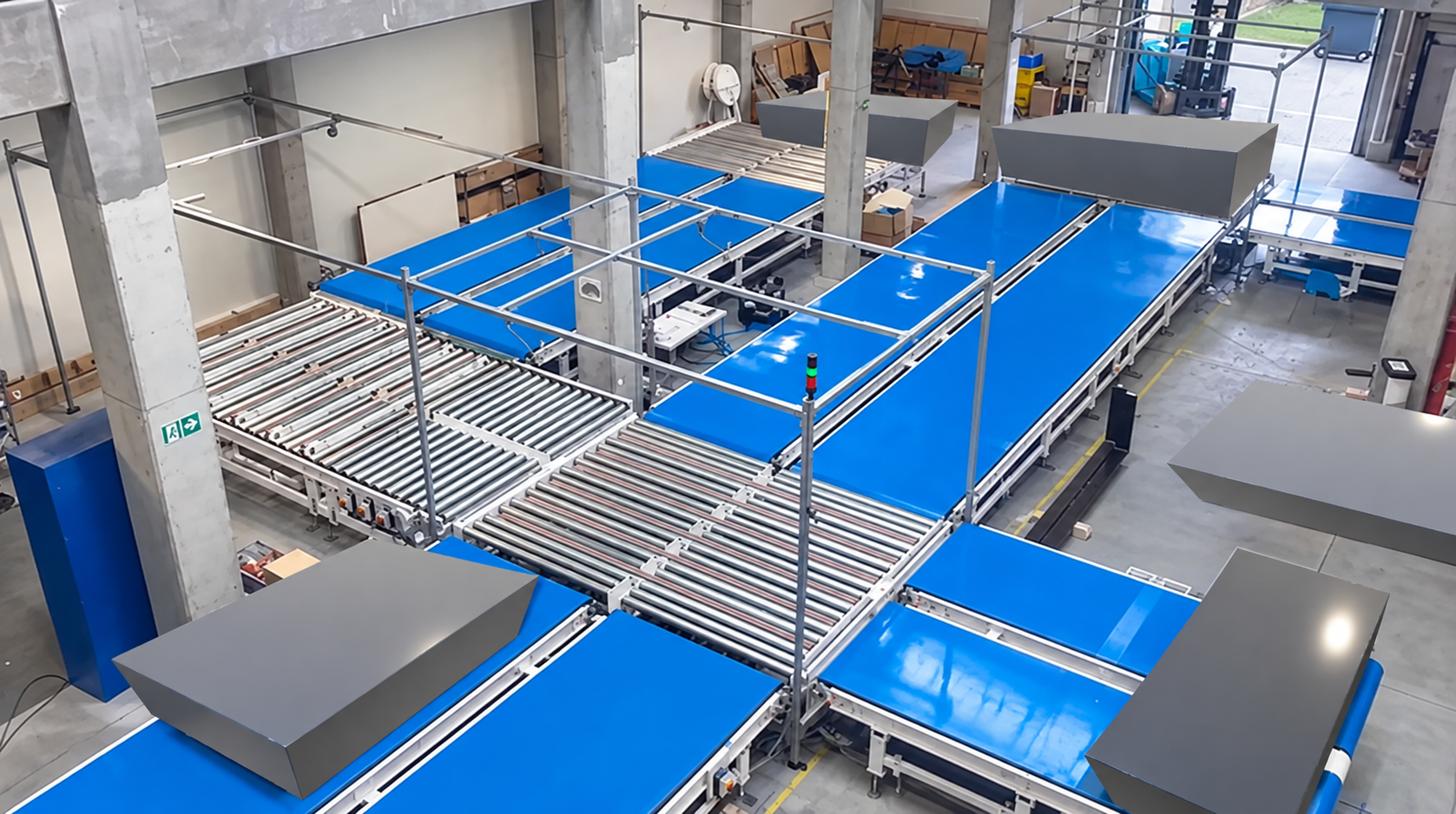 AI-modified visualization of a conveyor system with AGV integration; project colors and customer environment adapted for confidentiality