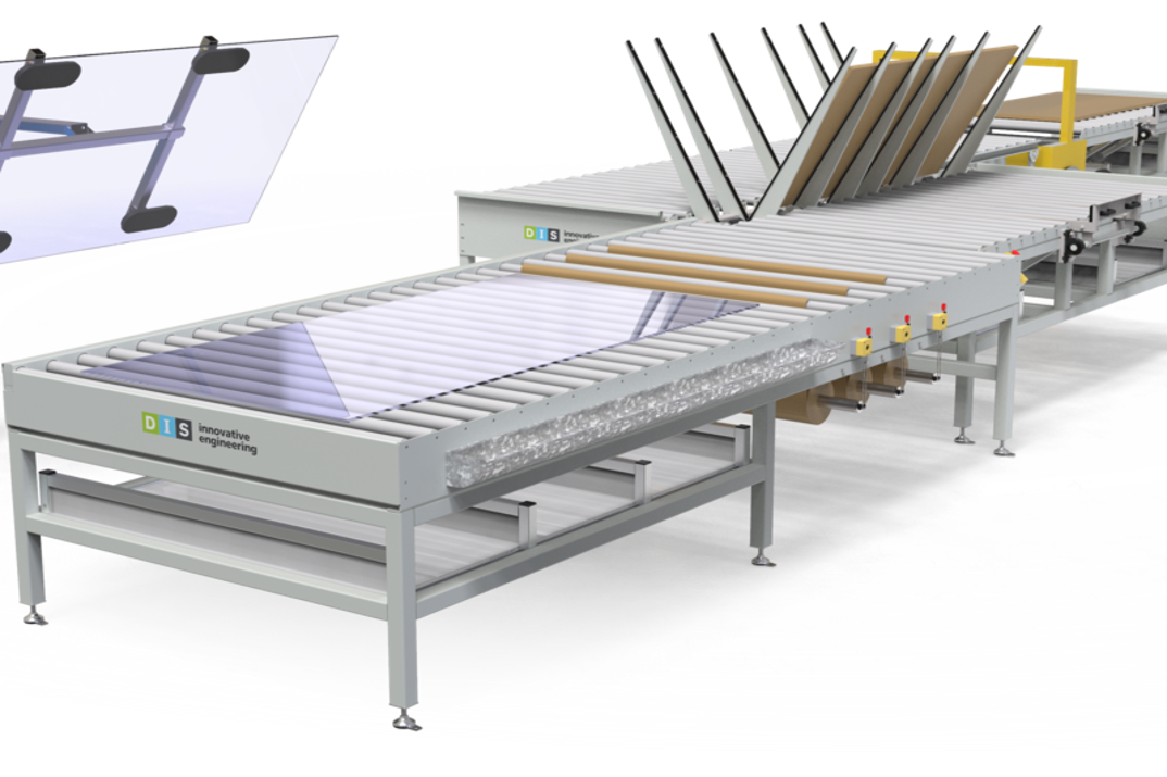 Engineering render of the A/S J.N. Bech glass pane inspection and packaging line