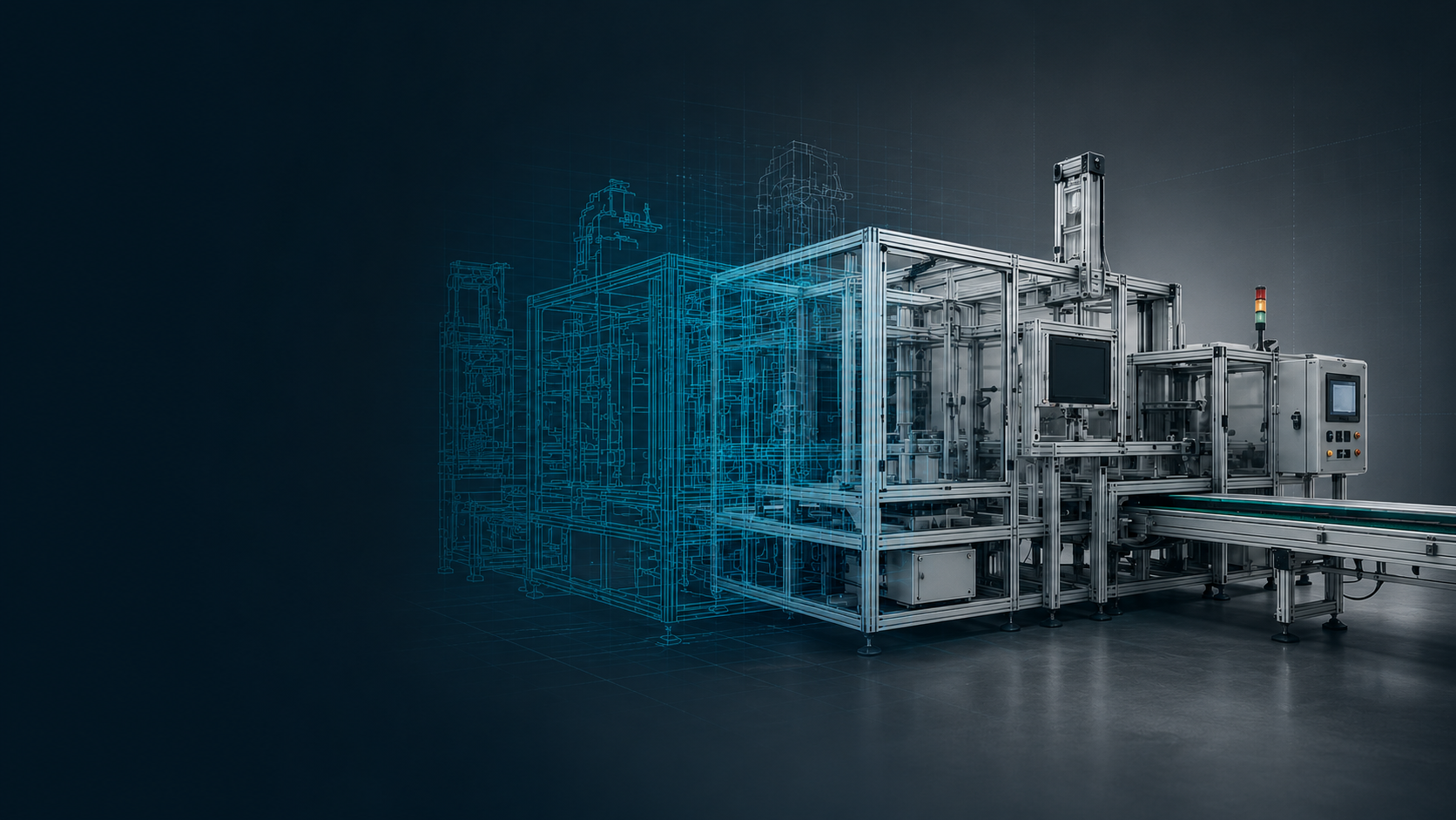 AI-generated blueprint-to-reality visualization of industrial production equipment transitioning from engineering linework to a finished machine.