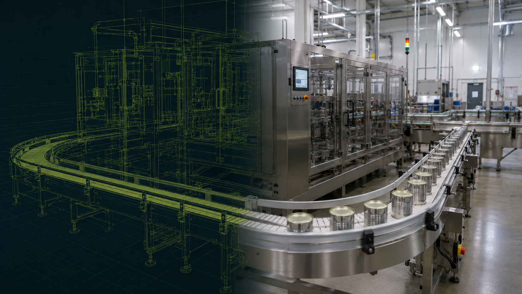 AI-generated blueprint-to-reality visualization of a canned food production line for the Food & Beverage industry.