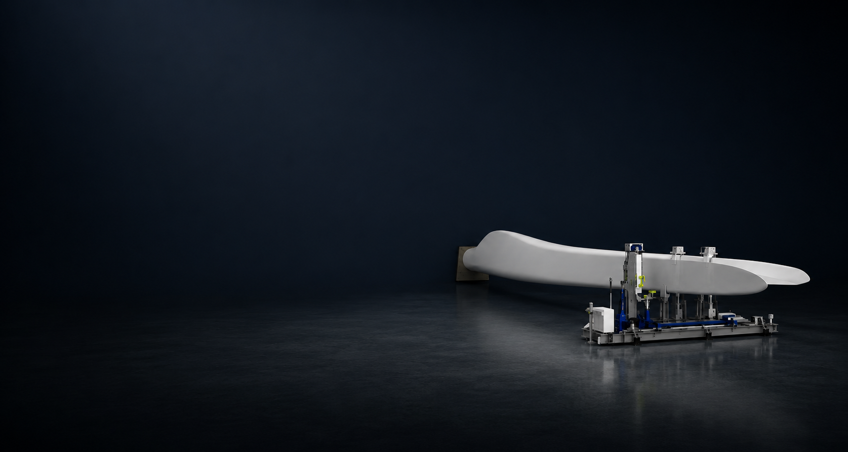 Siemens Energy blade deflection testing equipment on a dark background with the equipment right aligned