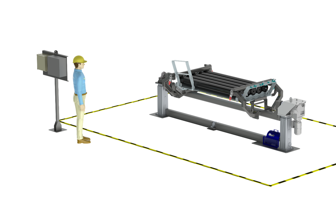 Engineering render of a Siemens Energy hydraulic sub-system assembly station with an operator shown for scale
