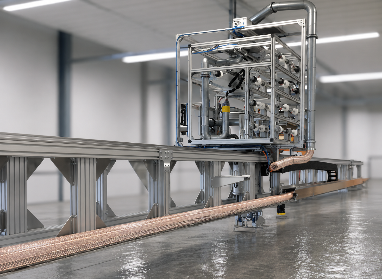 AI-modified visualization of a membrane sail production gantry with the customer environment anonymized for confidentiality