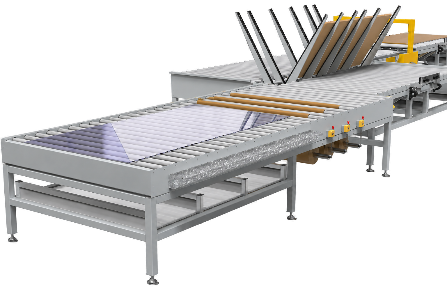 Engineering render of the glass pane inspection and packaging line on a transparent background