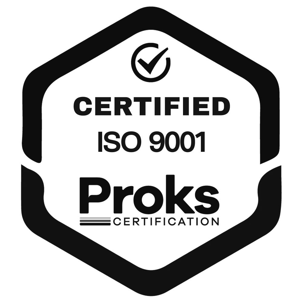 Hexagonal badge with a check mark and text: Certified ISO 9001 Proks Certification.