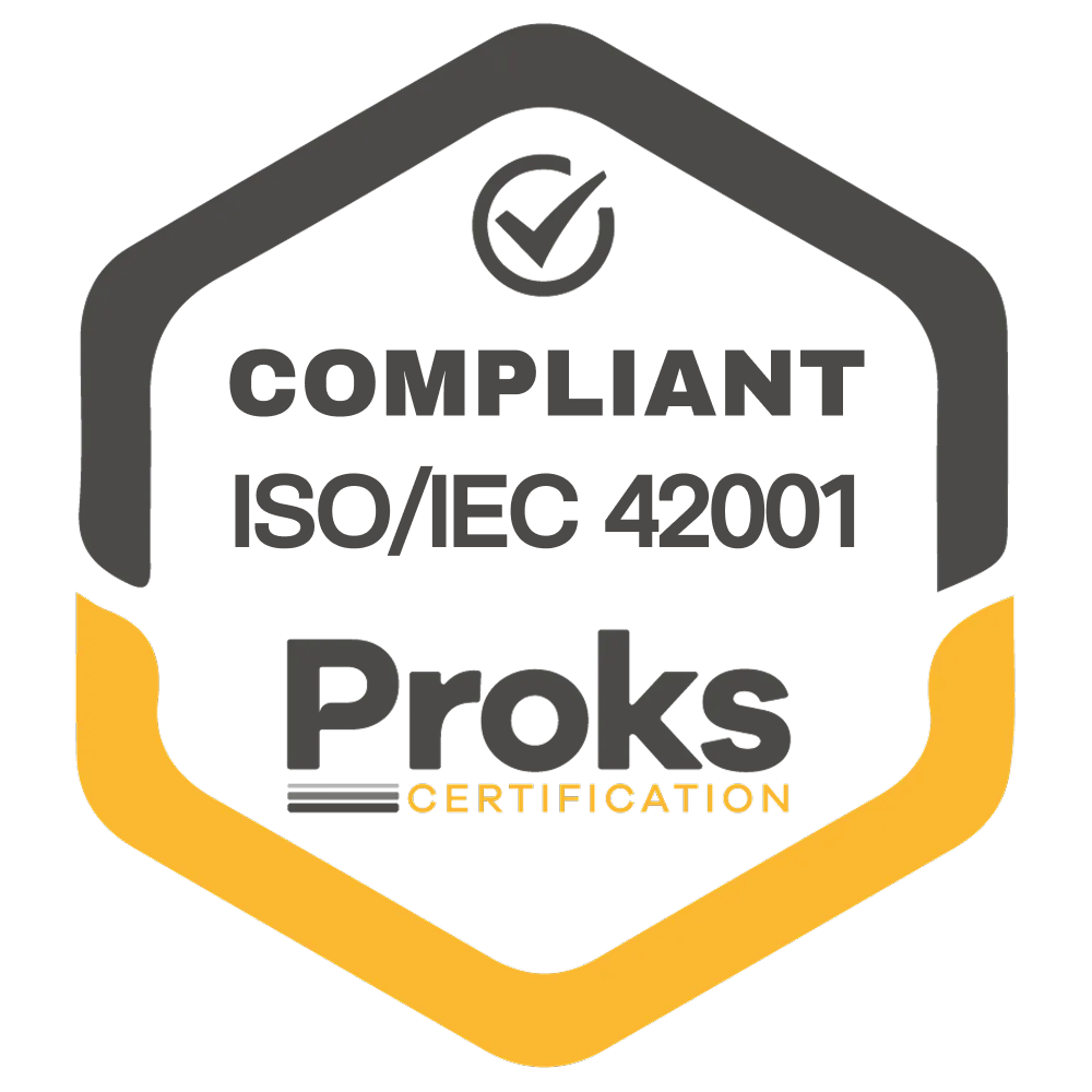 Proks Certification badge for compliance with ISO/IEC 42001 standard featuring a checkmark.