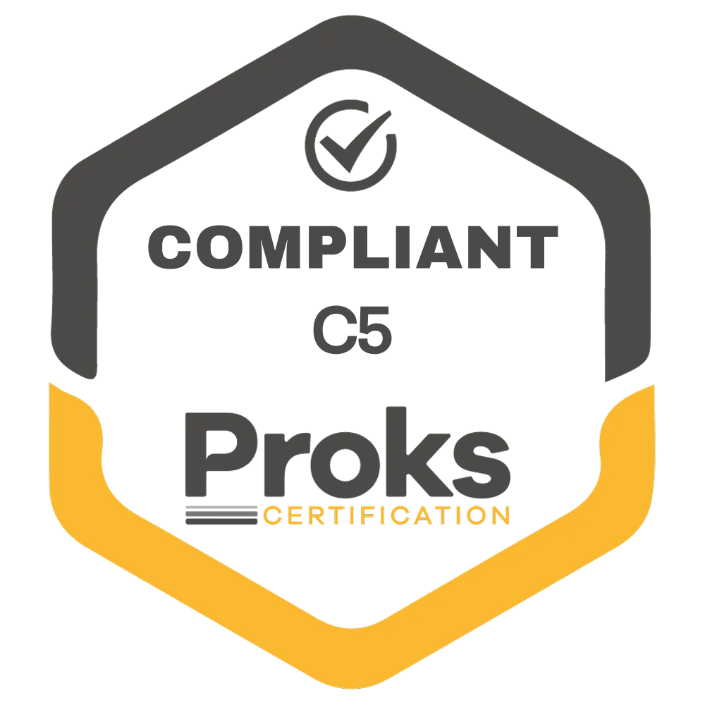 Proks Certification compliant C5 badge with a checkmark and yellow border.