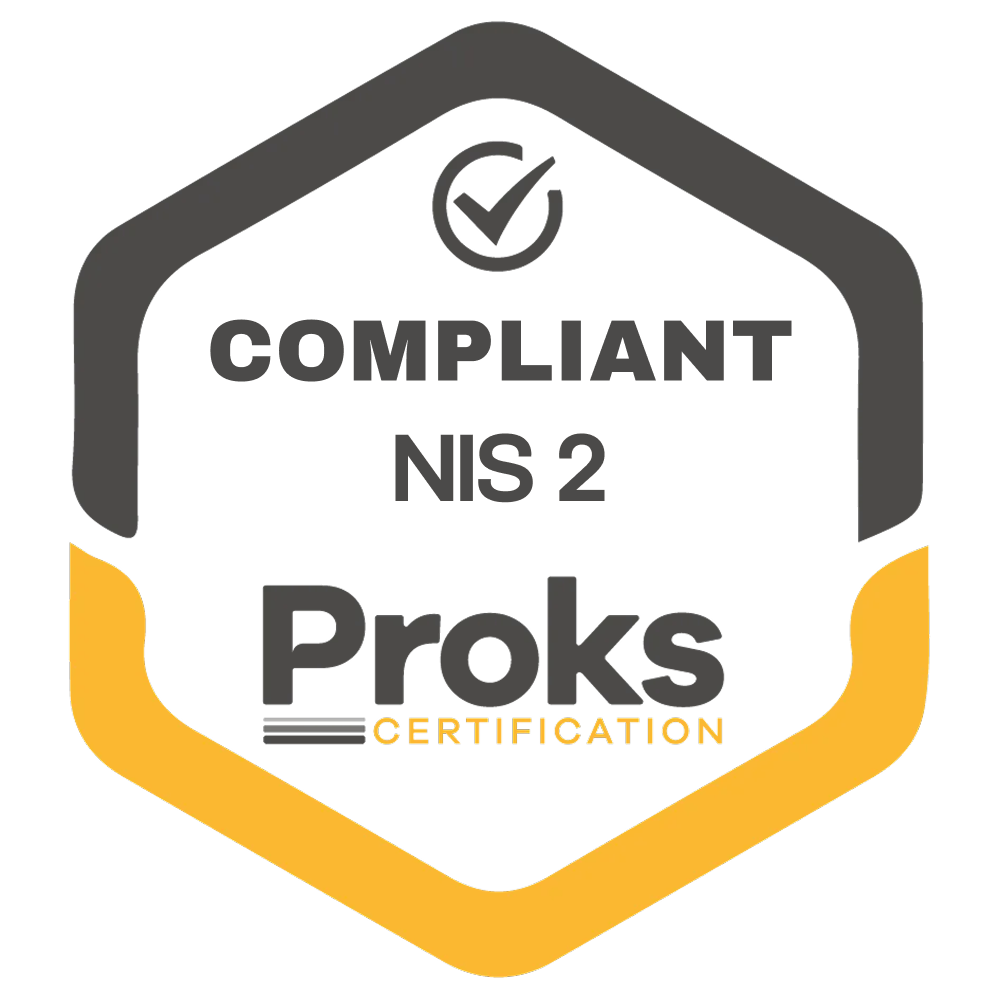 Hexagonal badge with checkmark and text saying Compliant NIS 2 Proks Certification.
