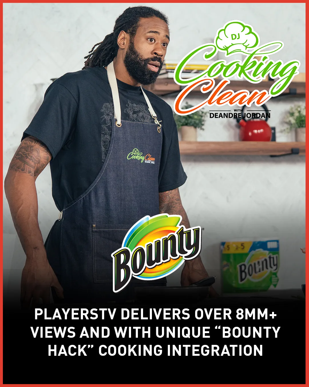 A man wearing a black shirt and apron is standing in front of a sign that says Cooking Clean.