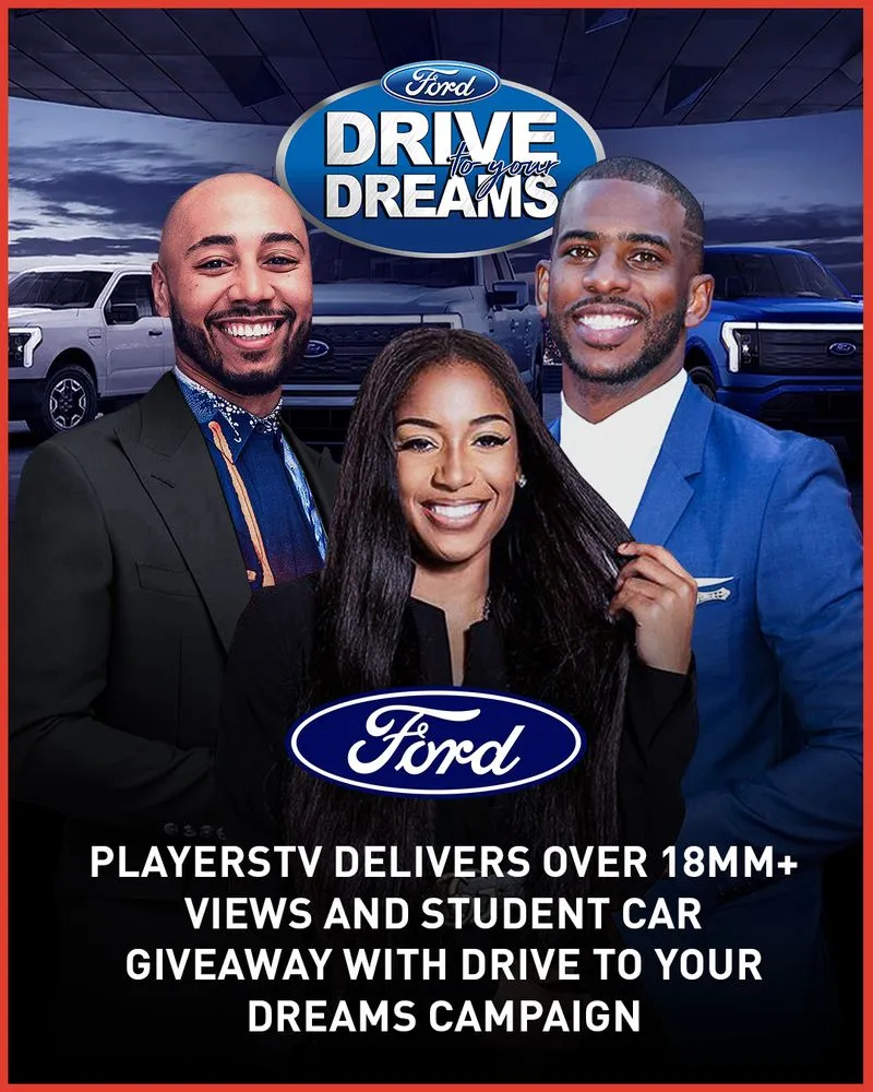 Players against a blue background with the Ford logo overlayed and centered on the screen.