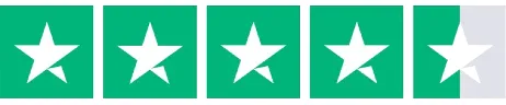 Rating with four full white stars and one half white star on green background.
