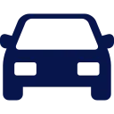 White icon of a front view of a car with headlights and side mirrors.