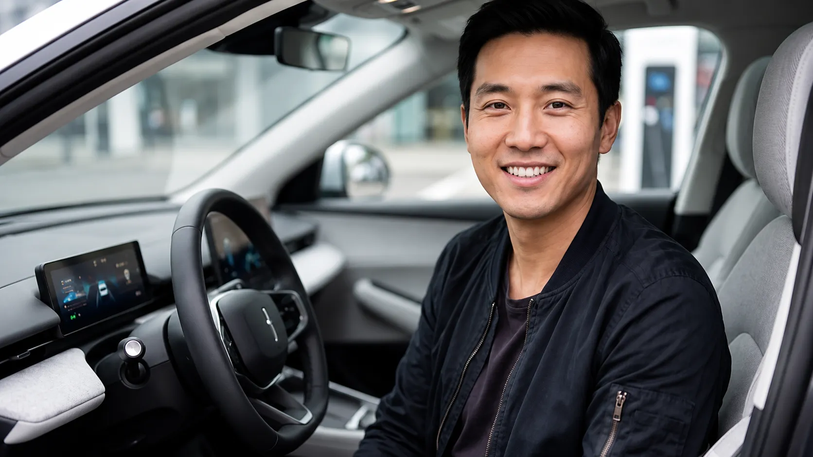 Smiling man sitting in the driver's seat of a modern car with digital dashboard displays.