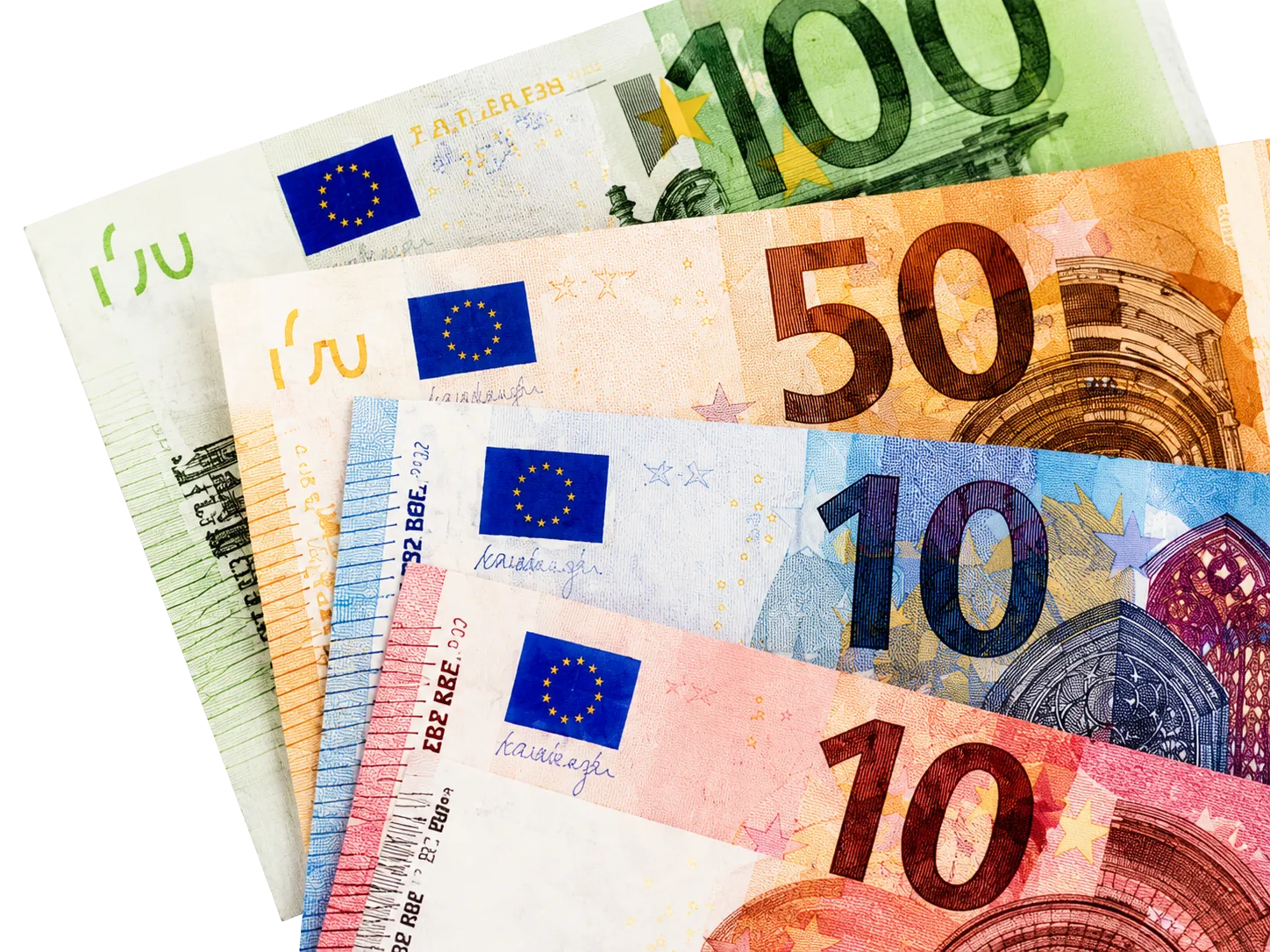 Stack of euro banknotes in 100, 50, 20, and 10 denominations fanned out.