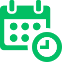 Green calendar icon with six dots and a clock symbol in front, representing time and scheduling.