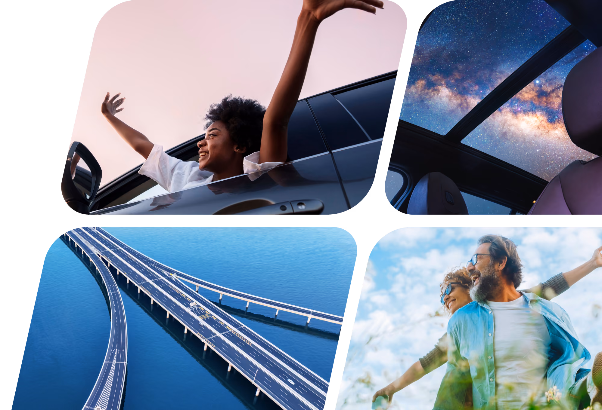 Collage: woman joyfully leaning from car window, starry sky through sunroof, bridge over water, happy couple outdoors.