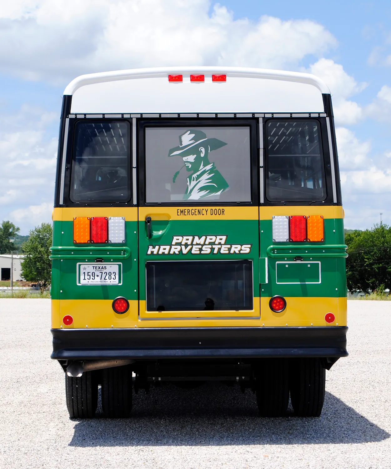 Rear view of a Pampa Harvesters shuttle wrapped by National Wrap Co.