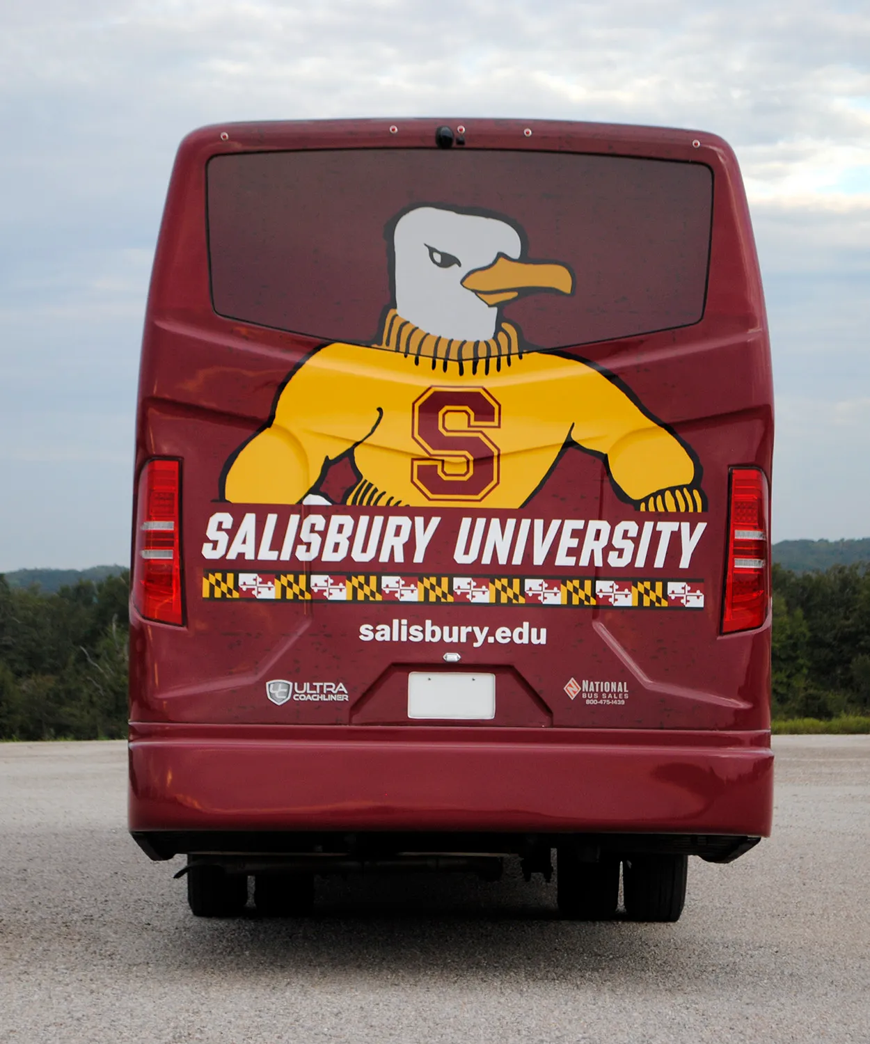 Rear view of a Salisbury Sea Gulls Ultra Coachliner wrapped by National Wrap Co.