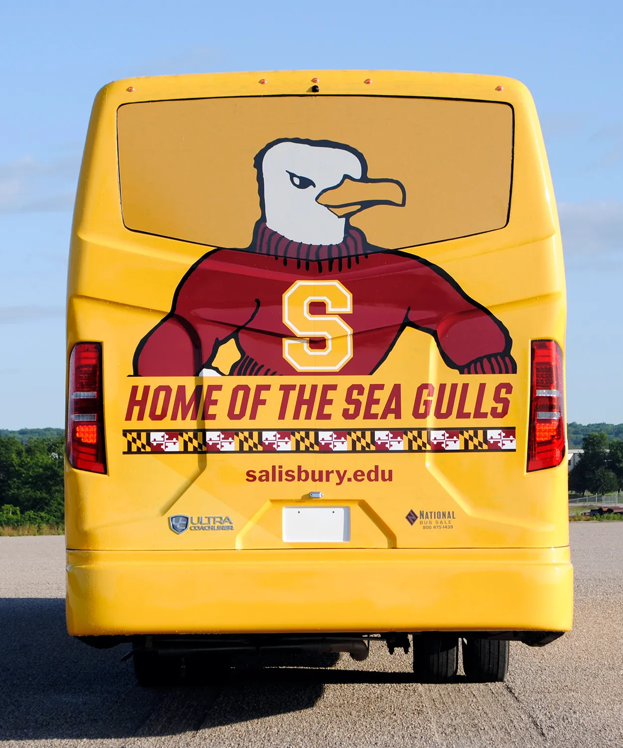 Rear view of a Salisbury Sea Gulls Ultra Coachliner wrapped by National Wrap Co.