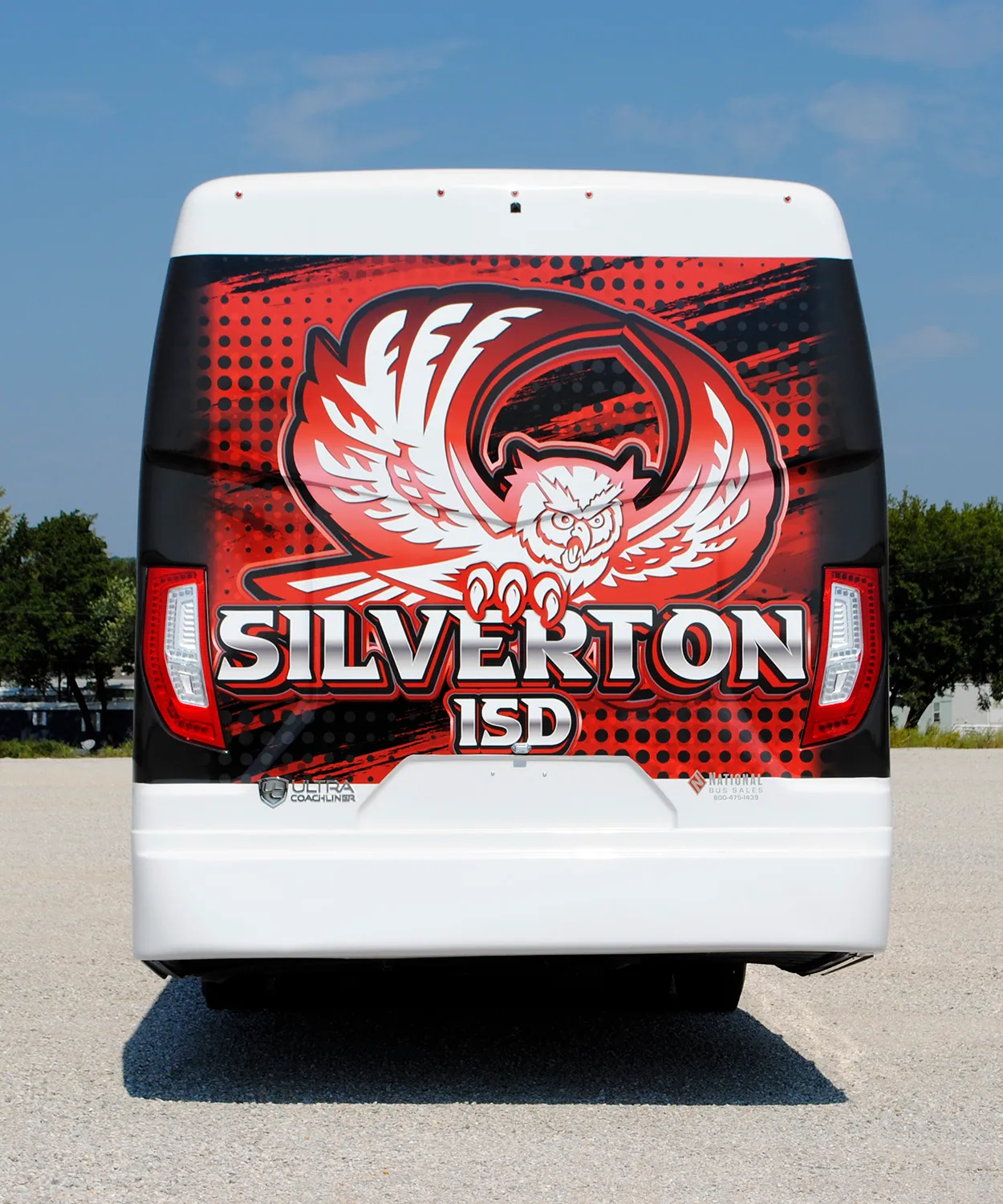 Rear view of a Silverton ISD Ultra Coachliner wrapped by National Wrap Co.