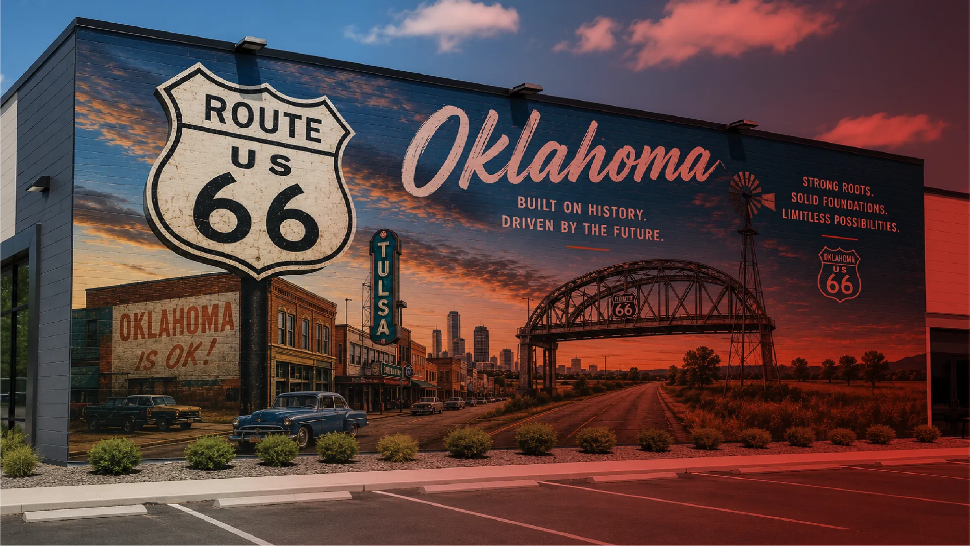 Wrapped exterior of a business in Oklahoma promoting Route 66