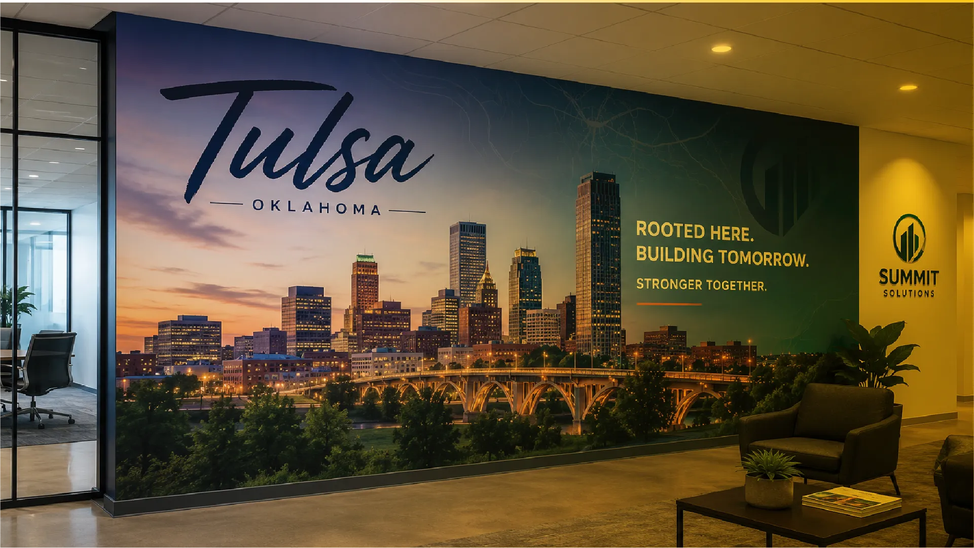 Oklahoma office promoting Tulsa living with wall graphics