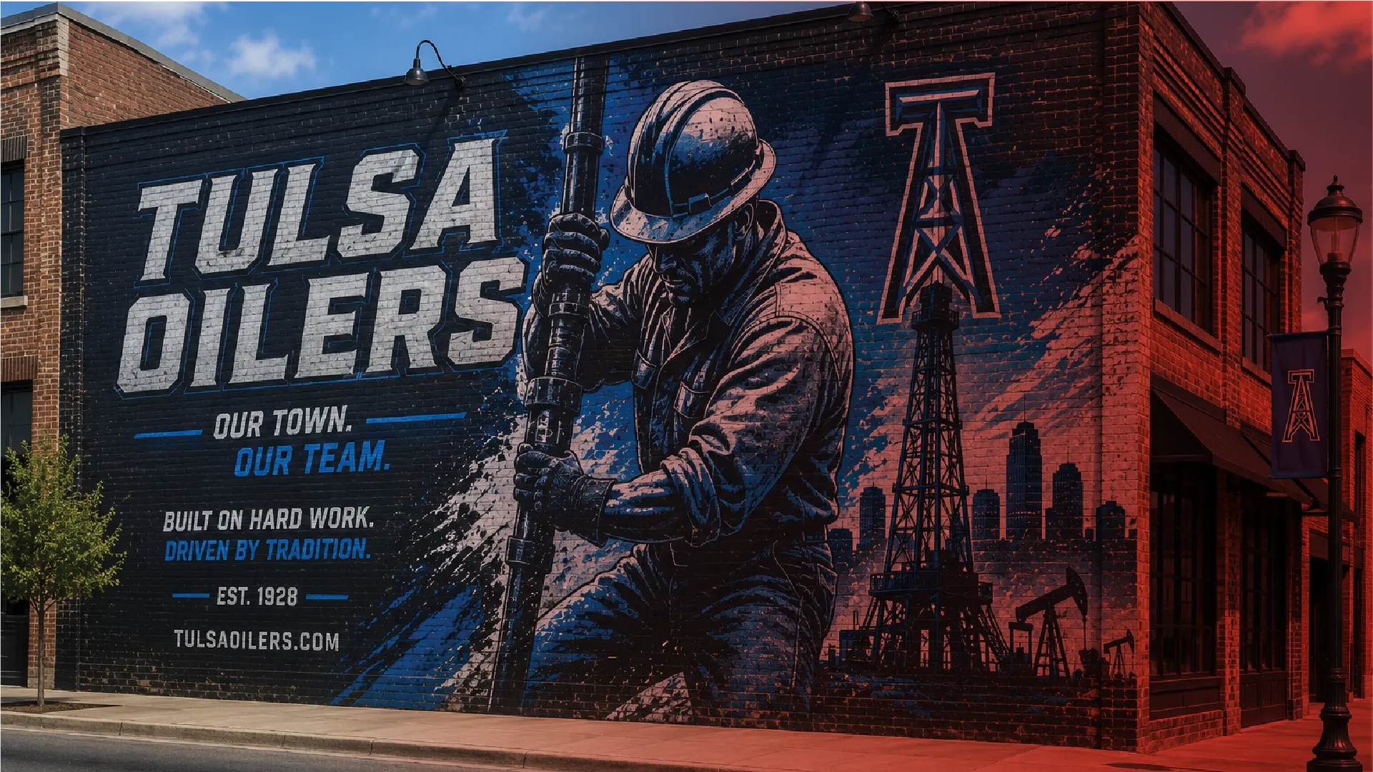 Exterior wall wrapped to promote the Tulsa Oilers
