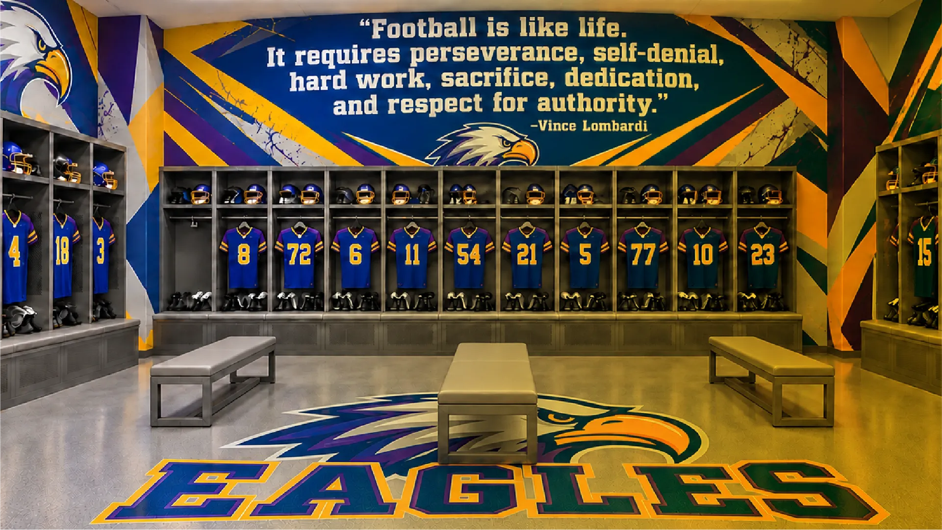 High school locker room with wall and floor graphics