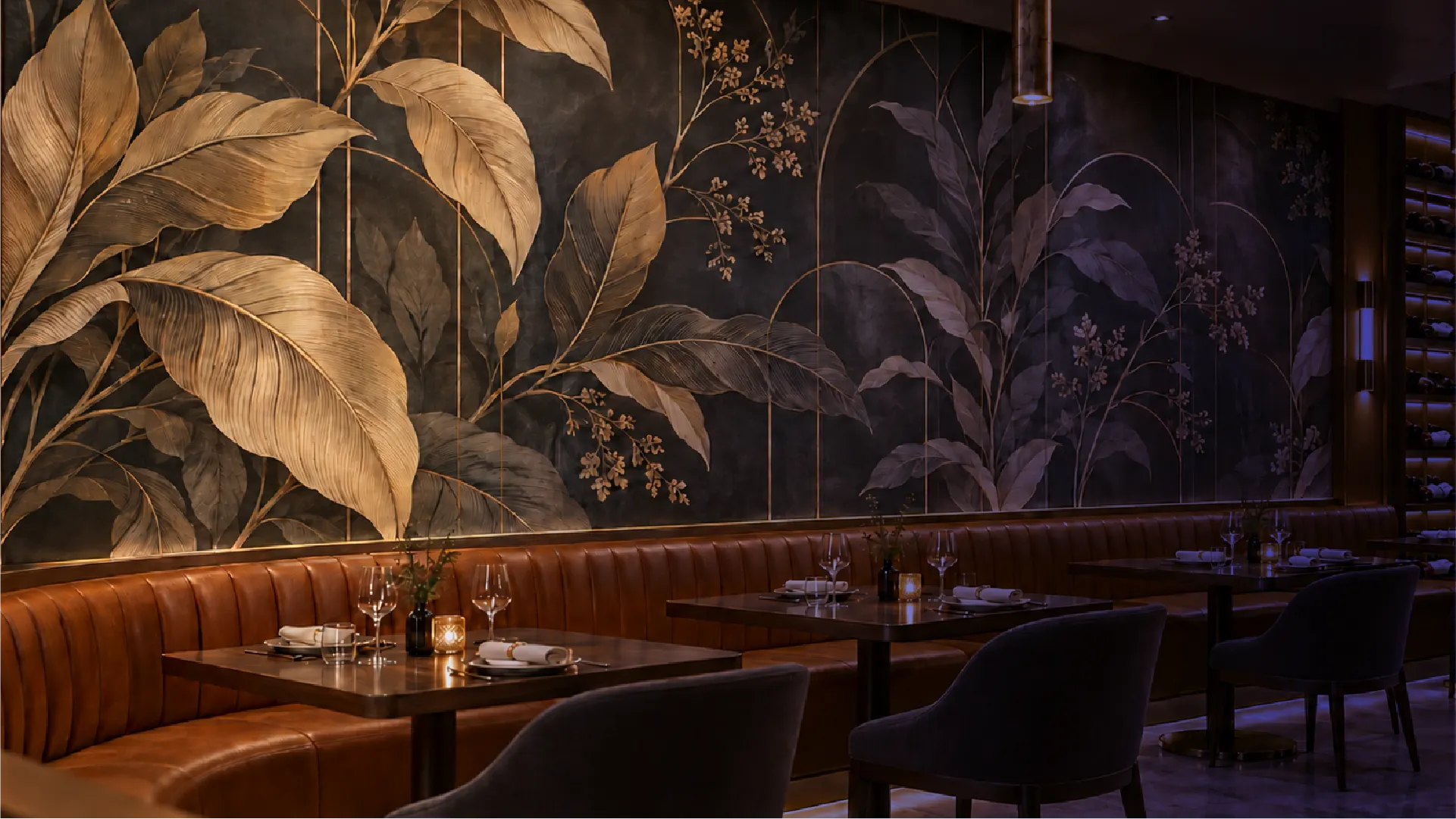 A restaurant wall decorated with vibrant graphics