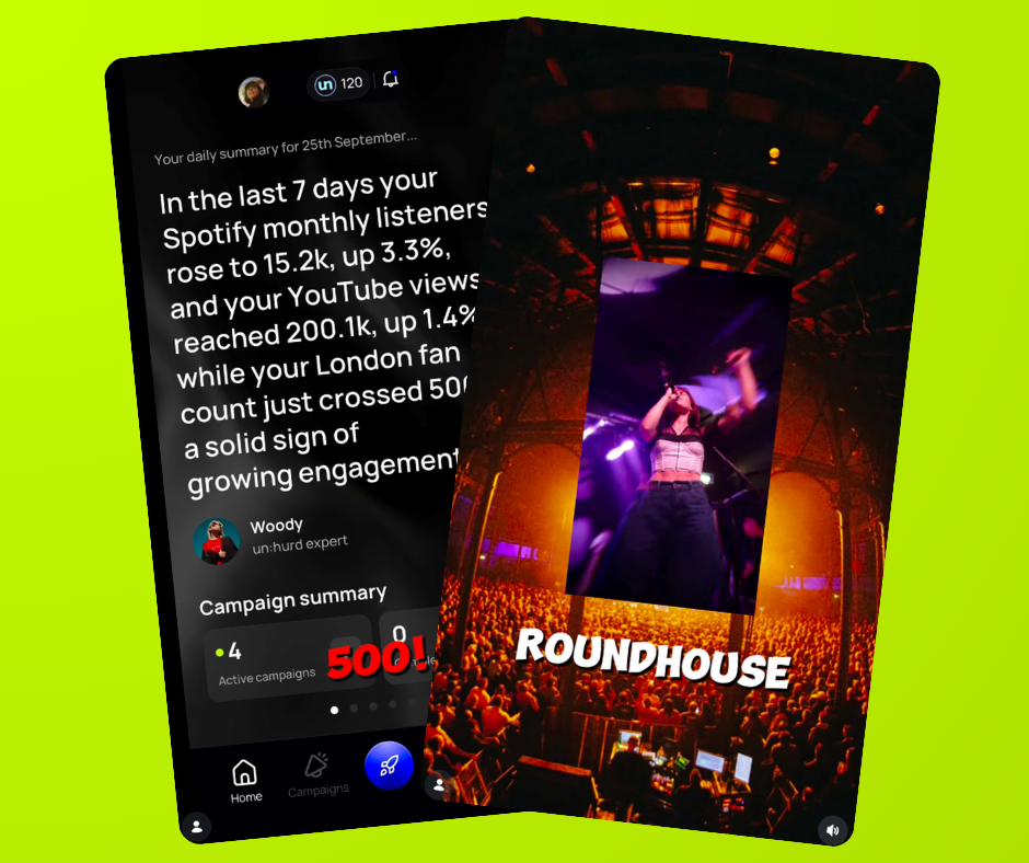 Katya's un:hurd daily summary showing her London fan count passing 500, alongside a photo of Katya
