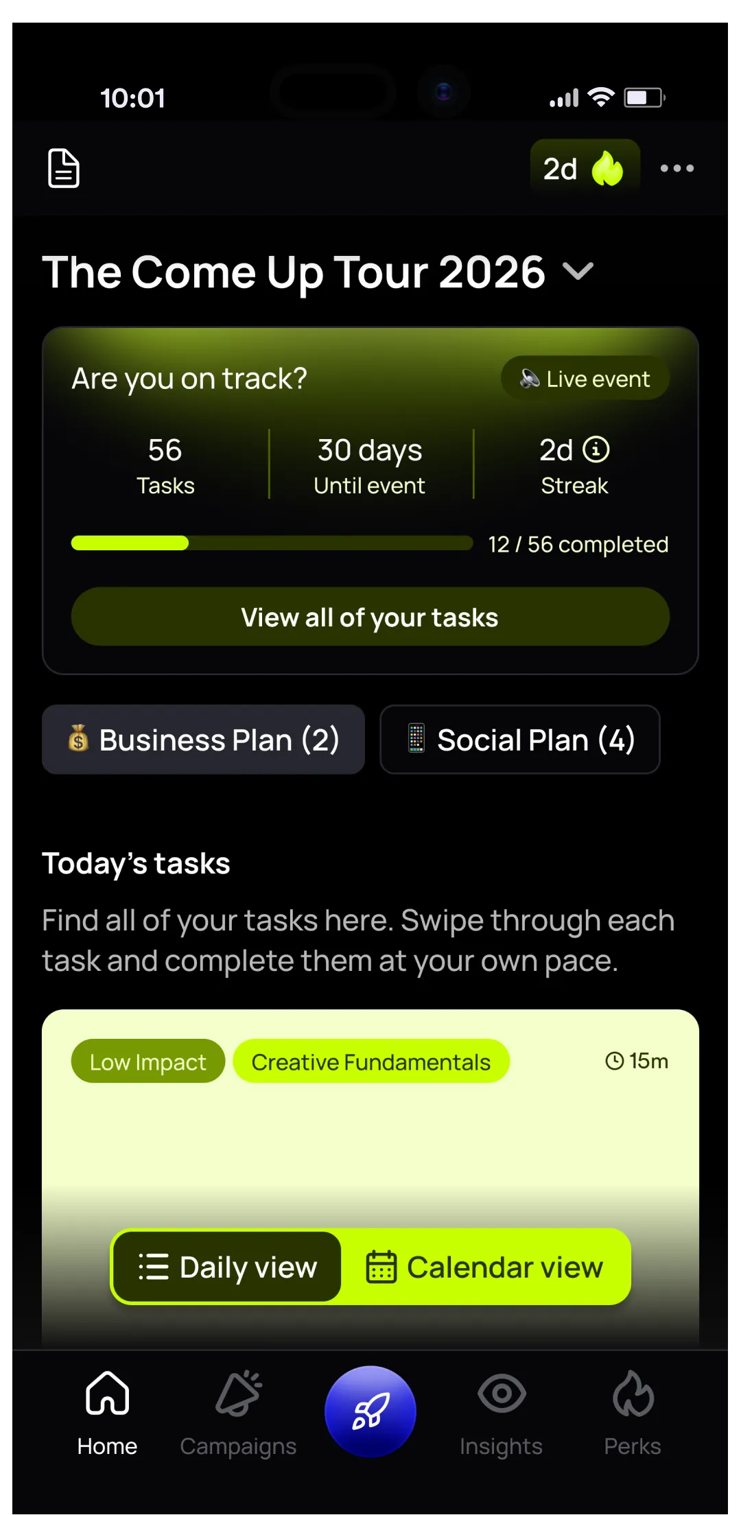un:hurd Live Planning Cycle for The Come Up Tour 2026 showing 56 tasks, 30 days until the event and today's tasks