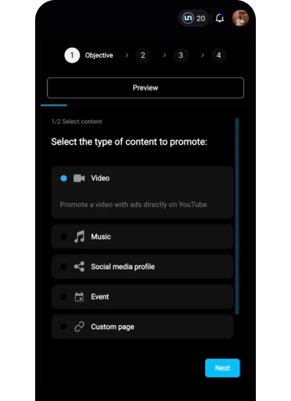 un:hurd ad campaign setup asking which content to promote: video, music, social media profile, event or custom page