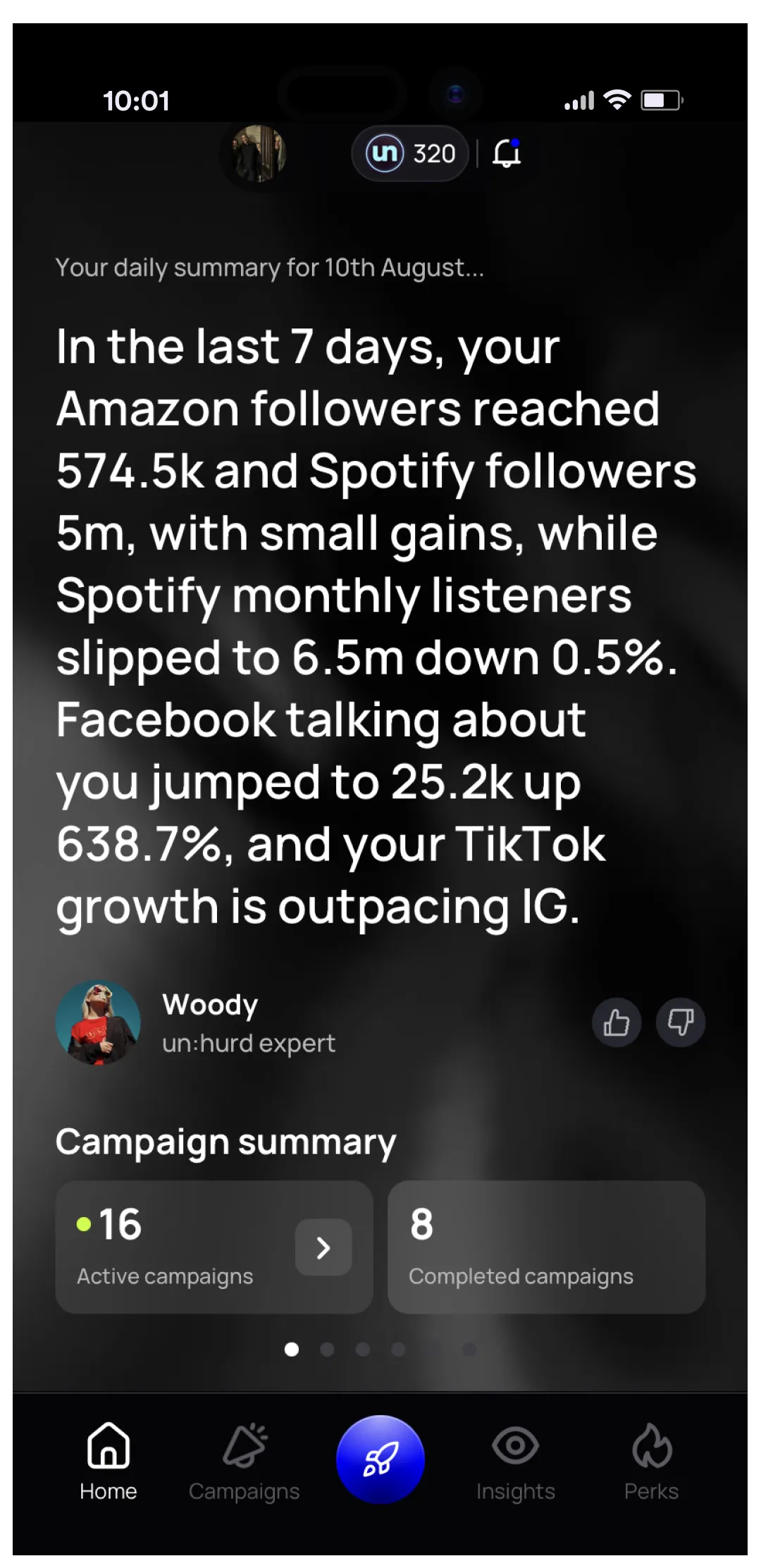 un:hurd daily summary from Woody showing an artist's weekly changes across Spotify, Amazon, Facebook and TikTok, with a campaign summary