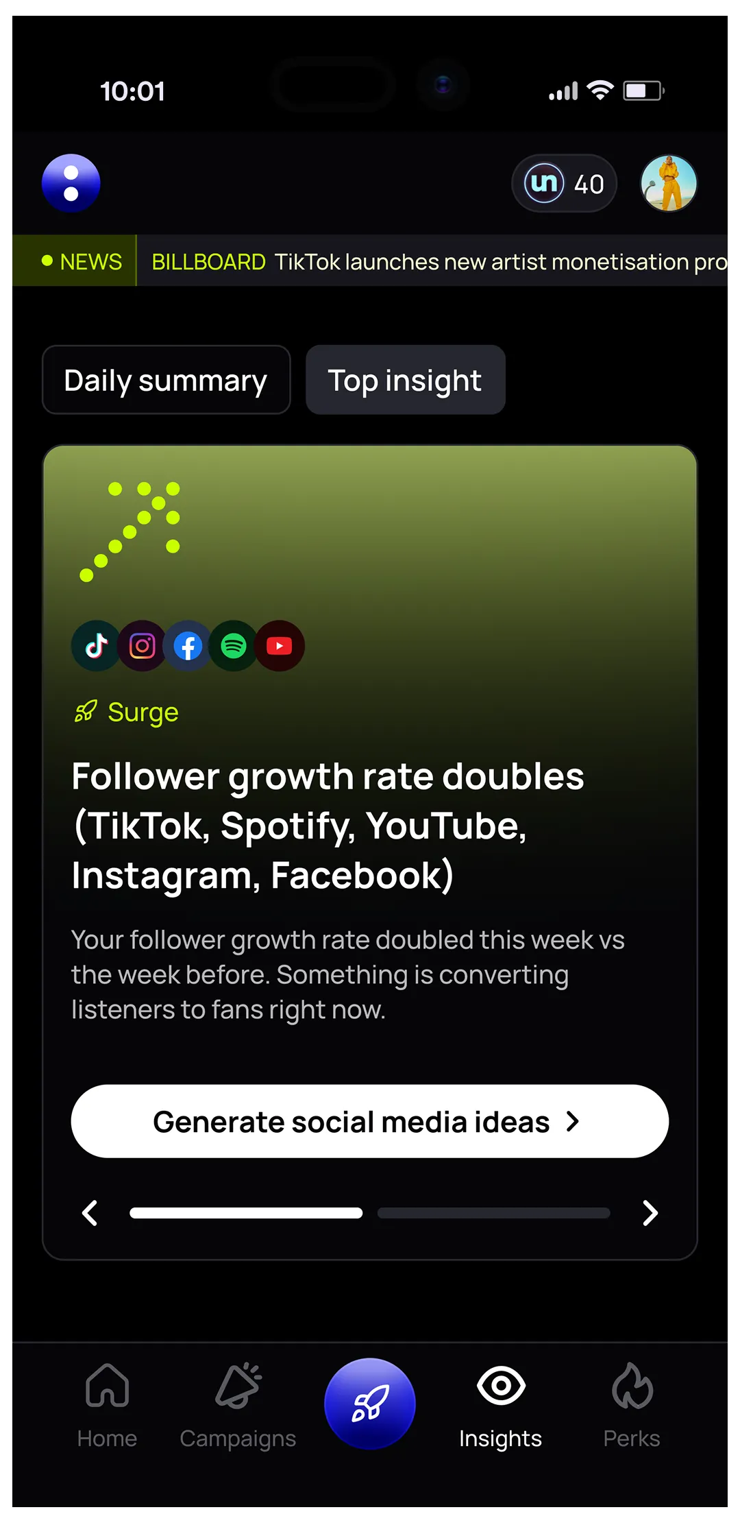un:hurd Smart Insights top insight flagging that an artist's follower growth rate doubled across TikTok, Spotify, YouTube, Instagram and Facebook