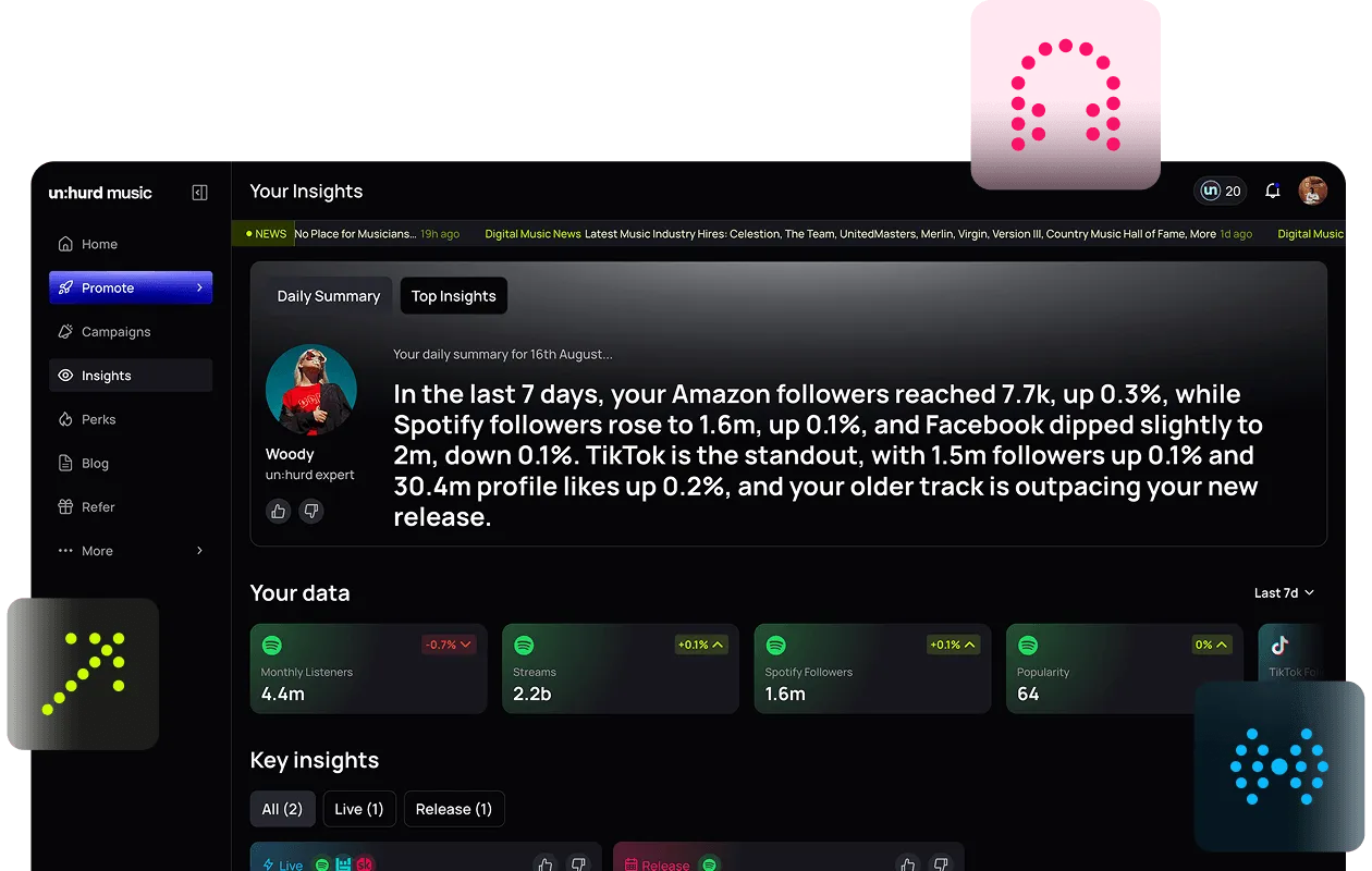 un:hurd Insights dashboard on desktop showing the daily summary and an artist's monthly listeners, streams, followers and popularity