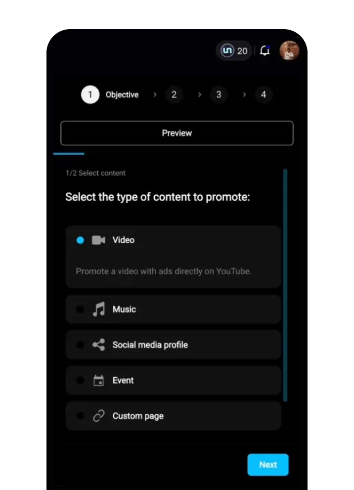un:hurd ad campaign setup asking which content to promote: video, music, social media profile, event or custom page