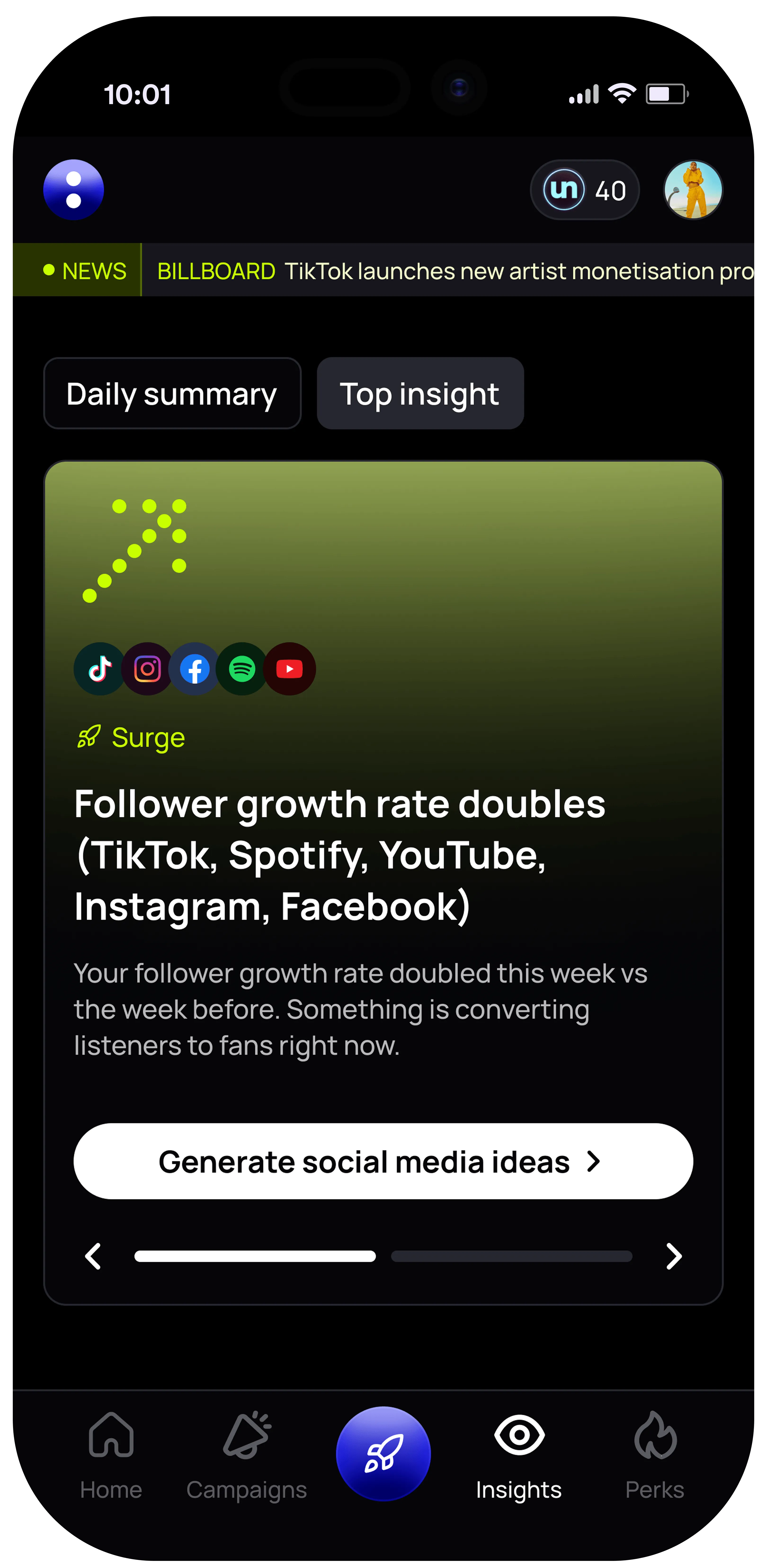 un:hurd music Smart Insights top insight flagging that an artist's follower growth rate doubled across their connected platforms