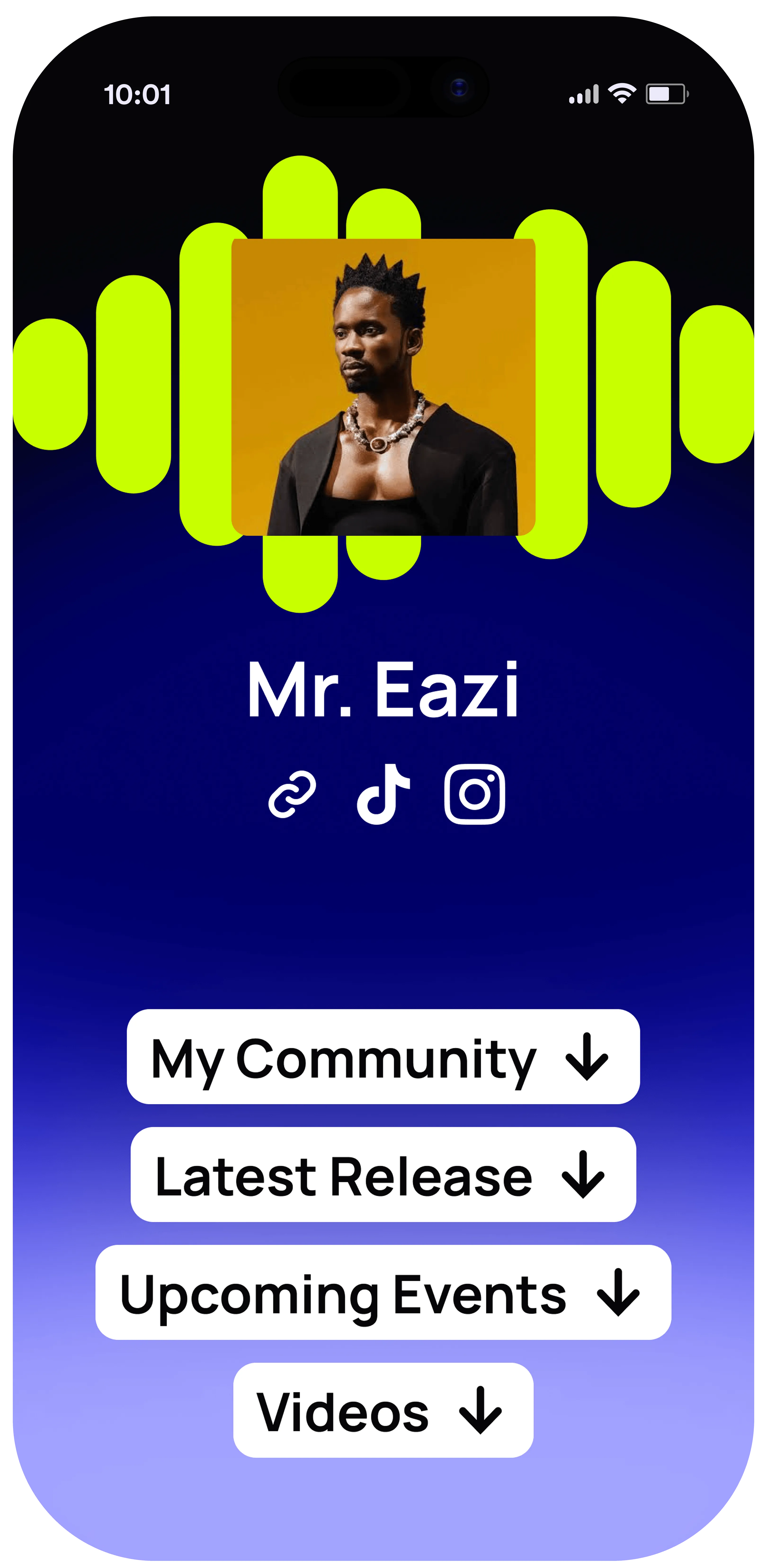 un:hurd music Fan Hub link-in-bio page for Mr Eazi with links to his community, latest release, upcoming events and more