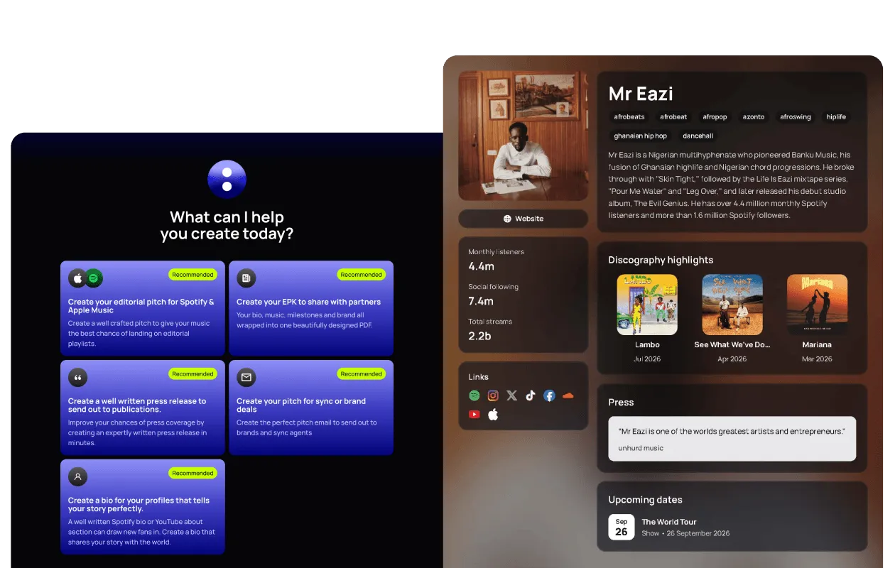 Lyra AI Writer in un:hurd music on desktop offering to write a pitch, EPK, press release or bio, next to an EPK it created