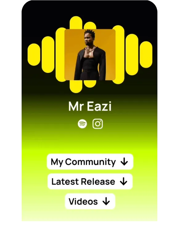 un:hurd music Fan Hub link-in-bio page for Mr Eazi in a lime colour theme with community, latest release and video links